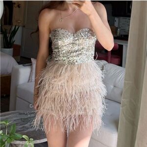 BEBE ISIS SEQUIN FEATHER MINI PARTY DRESS SILVER Grey Strapless